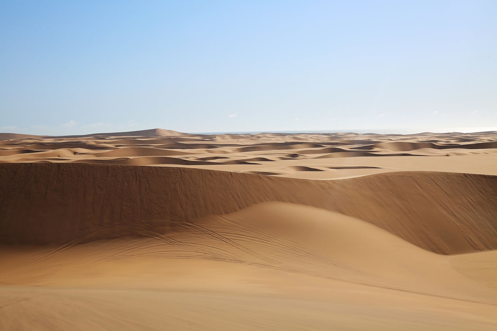 Sand dunes under blue skies, Namibia.